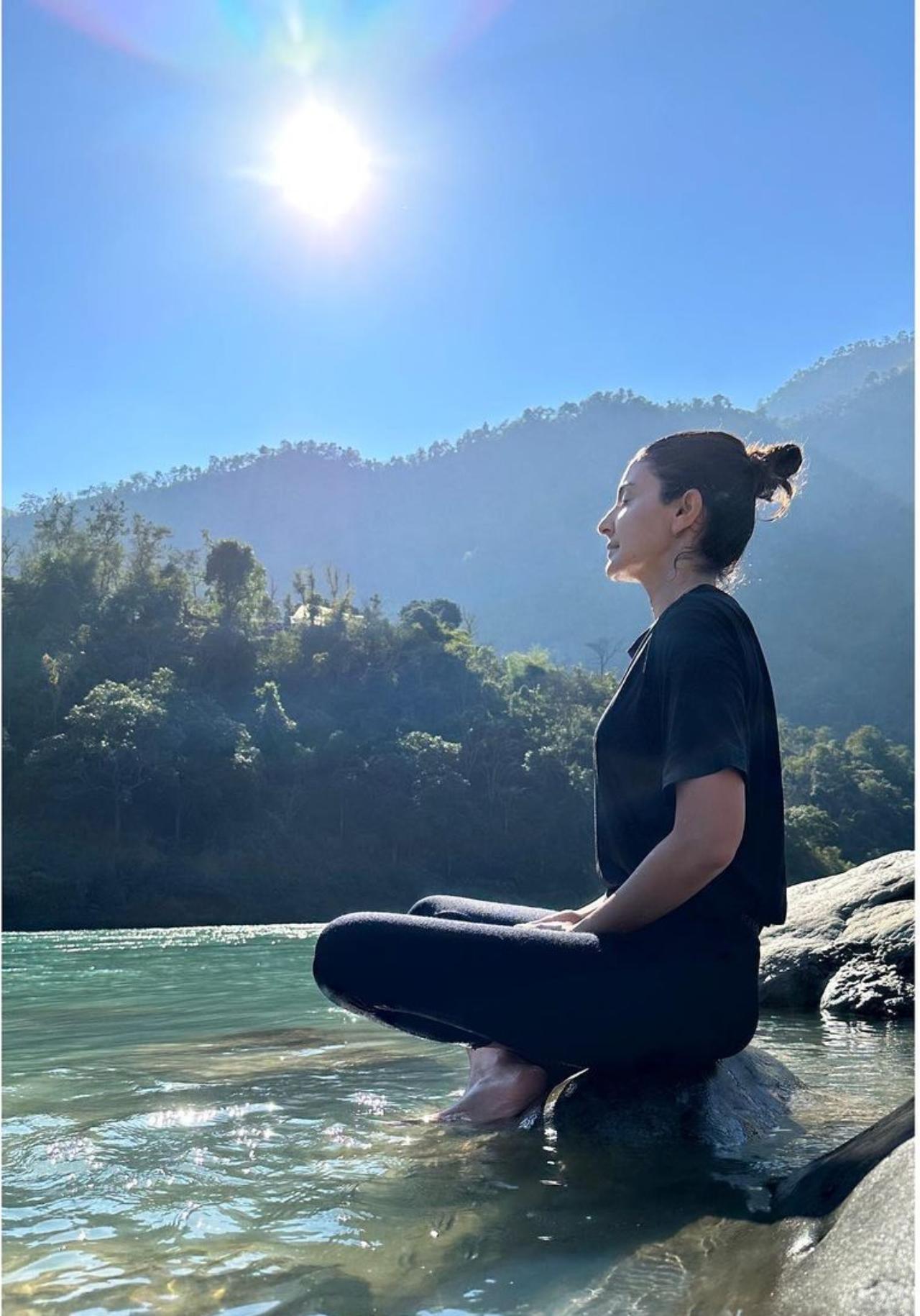 In one of the images, Anushka is seen meditating against the scenic backdrop of the hilly town. Dressed in an all-black outfit the 'NH10' actor captioned the frame, 